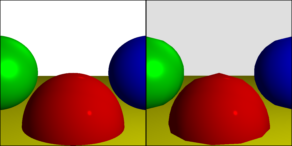 Figure 1: A simple scene rendered by the raytracer (left) and the rasterizer (right) developed in this book.