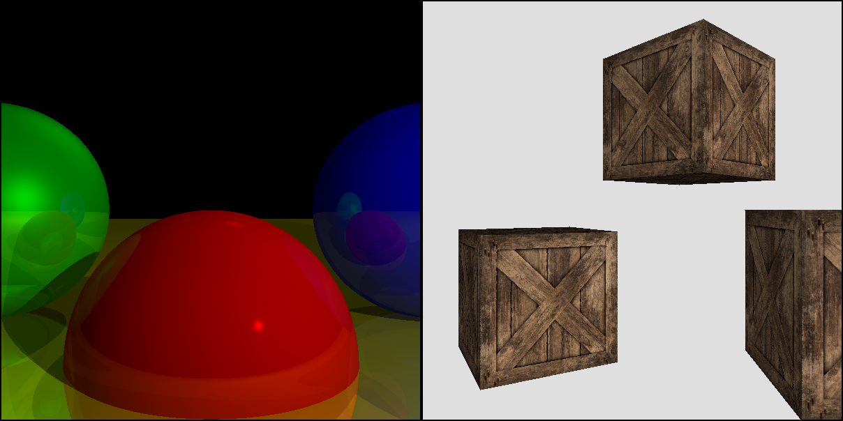 Figure 2: The raytracer and the rasterizer have their own unique features. Left: raytraced shadows and recursive reflections; right: rasterized textures.